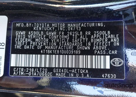 2013 Toyota Avalon Xle Touring from USA, damaged, VIN 4T1BK1EB1DU039189